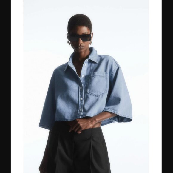 COS Oversized Cropped Elbow Sleeves Cotton Tencel Collared Denim Shirt Womens 2 - Picture 9 of 9